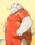  anthro asian_clothing belly bodily_fluids chinese_clothing chinese_dress clothed clothing dress east_asian_clothing fur hand_on_stomach hi_res ibuki_haruno male mammal moobs overweight overweight_male polar_bear solo sweat sweatdrop teeth tight_clothing ursid ursine white_body white_fur 