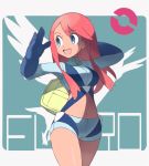  1girl :d alternate_hairstyle arms_up bag blue_eyes blue_gloves blue_shorts character_name cowboy_shot dark_skin elbow_gloves eyebrows_visible_through_hair fuuro_(pokemon) gen_5_pokemon gloves gym_leader hair_down long_hair navel nomura_(buroriidesu) open_mouth pink_hair pokemon pokemon_(game) pokemon_bw round_teeth short_shorts shorts sidelocks silhouette smile solo swanna teeth thighs two-tone_background upper_teeth 