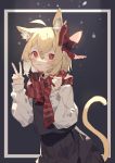  1girl :p ahoge animal_ear_fluff animal_ears bangs black_background black_skirt black_vest blonde_hair blush bow cat_ears cat_tail commentary cowboy_shot hair_between_eyes hair_bow hands_up highres kemonomimi_mode long_sleeves looking_at_viewer outside_border pleated_skirt red_bow red_eyes red_scarf rumia scarf sh_(562835932) shirt short_hair simple_background skirt skirt_set smile solo standing tail tongue tongue_out touhou v vest white_shirt 