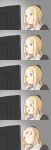  1girl blonde_hair blue_eyes blush closed_mouth commentary grey_background hand_on_own_chin hat head_tilt highres keemu_(occhoko-cho) mini_hat monitor original ponytail simple_background smile solo 