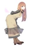  1girl absurdres arms_behind_back blue_eyes brown_footwear brown_hair brown_skirt crossed_ankles full_body highres leaning_forward leglet4 long_hair long_sleeves looking_at_viewer original simple_background skirt smile solo standing tongue tongue_out white_background 