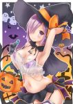  1girl alternate_costume bat black_headwear blush bow bra breasts cleavage commentary commentary_request fang fate/grand_order fate_(series) hair_over_one_eye halloween hat highres holding jewelry large_bow looking_at_viewer mash_kyrielight mikujin_(mikuzin24) navel necklace orange_bow pumpkin purple_bra purple_eyes purple_hair ribbon see-through short_hair skirt smile solo underwear witch_hat 
