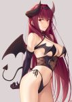  1girl bangs bare_shoulders black_gloves black_panties blush breasts cleavage closed_mouth corset demon_girl demon_horns demon_tail demon_wings elbow_gloves fate/grand_order fate_(series) gloves highleg highleg_panties horns large_breasts long_hair looking_at_viewer navel okitakung panties purple_hair red_eyes scathach_(fate)_(all) scathach_(fate/grand_order) solo succubus tail thighs underbust underwear wings 