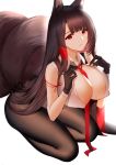  1girl absurdres akagi_(azur_lane) akagi_(muse)_(azur_lane) animal_ears azur_lane bare_shoulders between_breasts black_gloves breasts brown_hair brown_legwear cleavage covered_nipples fox_ears fox_girl fox_tail gloves hands_on_own_chest hands_up higandgk highres kitsune large_breasts long_hair looking_at_viewer multiple_tails necktie pantyhose parted_lips red_eyes red_neckwear seiza shirt simple_background sitting sleeveless sleeveless_shirt solo tail very_long_hair white_background white_shirt 