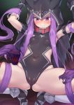  1girl angry arms_up black_cape blush braid breasts cameltoe cape clenched_teeth collar covered_navel fate/grand_order fate_(series) highres hood long_hair medusa_(lancer)_(fate) purple_eyes purple_hair restrained shennai_misha sidelocks small_breasts solo squatting teeth 