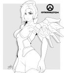  1girl a_rodjim absurdres alternate_hairstyle arms_at_sides artist_name bare_arms bodysuit border bottomless breasts copyright_name cowboy_shot fingers grey_background heart heart-shaped_pupils highres lineart lips logo looking_at_viewer mechanical_halo mechanical_wings medium_breasts mercy_(overwatch) monochrome navel no_pants nose overwatch parted_lips partially_undressed short_hair signature simple_background sketch smile solo swiss_flag symbol-shaped_pupils thighhighs white_border wings 
