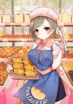  1girl apron baguette blue_apron blush bread breasts brown_hair croissant doughnut food hair_ornament hairclip hat highres holding holding_tray koromo_take looking_at_viewer medium_breasts medium_hair original red_eyes sandwich short_sleeves smile solo standing tongs tray 
