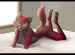  2019 5_toes anthro bed black_nose breasts canid canine canis cheek_tuft claws eyebrows eyelashes face_tuft female fur furniture green_eyes green_sclera grey_body grey_fur grey_pawpads inner_ear_fluff inside looking_at_viewer lying mammal nude on_bed on_front pawpads red_body red_fur rose_(redpyramid206) rusa smile solo toe_claws toes tuft window wolf 