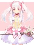  1girl absurdres blush bow closed_mouth cosplay dress fire_emblem fire_emblem:_three_houses gloves hair_bow highres holding holding_staff kaname_madoka kaname_madoka_(cosplay) long_hair lysithea_von_ordelia mahou_shoujo_madoka_magica pimi_(ringsea21) pink_background pink_eyes seiyuu_connection short_sleeves simple_background solo staff twintails white_gloves white_hair yuuki_aoi 