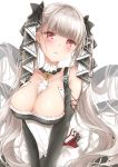  1girl absurdres azur_lane bangs bare_shoulders between_breasts black_dress blush breasts cleavage commentary_request dress earrings eyebrows_visible_through_hair formidable_(azur_lane) frilled_dress frills grey_hair hair_ribbon highres jewelry large_breasts long_hair long_sleeves looking_at_viewer mikujin_(mikuzin24) red_eyes ribbon solo twintails very_long_hair 