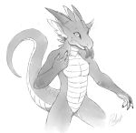  anthro claws dragon featureless_crotch forked_tongue greyscale horn looking_up monochrome nude rollwulf slit_pupils smile solo tongue tongue_out wingless_dragon 