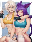  2girls animal_ears artist_name bangs black_gloves black_shorts blue_eyes breasts bright_pupils cleavage commentary dated earrings english_commentary fingerless_gloves fingernails gloves green_eyes grey_hair hair_between_eyes hand_up highres jewelry large_breasts long_hair looking_at_viewer multiple_girls navel nike original pink_lips purple_hair revision sciamano240 short_hair short_shorts shorts signature sitting smile socks sports_bra tail toned v whisker_markings white_legwear white_shorts 