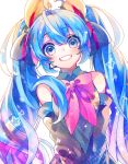  1girl :d absurdres bare_shoulders black_ribbon blue_eyes blue_hair blurry bokeh breasts clenched_teeth colorful curly_hair depth_of_field detached_sleeves diamond-shaped_pupils eyebrows_visible_through_hair eyelashes flower-shaped_pupils grey_shirt hair_between_eyes hair_over_shoulder hair_ribbon hatsune_miku headset highres leaning leaning_to_the_side light_particles long_hair looking_at_viewer microphone open_mouth pink_ribbon ribbon shaded_face shirayuki_towa shirt simple_background sleeveless sleeveless_shirt small_breasts smile solo sparkle star striped striped_ribbon symbol-shaped_pupils teeth twintails upper_body v_arms very_long_hair vocaloid white_background 