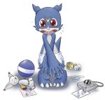  2010 ambiguous_gender ball blue_body blue_skin blush camera carotte666 covering covering_self diaper digimon digimon_(species) embarrassed fangs gatomon looking_at_viewer open_mouth pacifier photo plushie red_eyes simple_background solo standing veemon white_background 