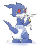  2010 ambiguous_gender blue_body blue_skin carotte666 diaper digimon digimon_(species) furgonomics gatomon looking_at_viewer looking_back plushie red_eyes simple_background solo standing veemon white_background 