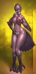  2015 abstract_background absurd_res anthro avian beak bendzz bird blush breasts feathers female glowing glowing_eyes hand_on_breast hi_res navel nipples nude open_mouth runes solo standing surprise talons 