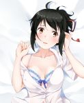  1girl black_hair blush bow bow_bra bra breasts breasts_apart brown_eyes dress_shirt from_above kimi_no_na_wa. lace lace-trimmed_bra looking_away lying medium_breasts miyamizu_mitsuha off_shoulder on_back open_clothes open_shirt qiuzhi_huiyi shirt short_hair short_ponytail solo underwear upper_body 