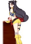  1girl ass bandaged_leg bandages bangs bare_shoulders black_hair blush boots commentary_request earrings eyebrows_visible_through_hair fate/grand_order fate_(series) fingerless_gloves gloves hair_ornament high_heel_boots high_heels hoop_earrings iseshi9167 ishtar_(fate/grand_order) jewelry knee_boots long_hair midriff multicolored_hair parted_bangs parted_lips red_eyes red_hair short_shorts shorts solo space_ishtar_(fate) two-tone_hair two_side_up very_long_hair vest white_background yellow_footwear yellow_gloves yellow_shorts yellow_vest 