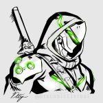  cyborg draconety genji_(overwatch) glowing highres hood hood_up katana monochrome ninja overwatch overwatch_2 shoulder_armor signature strap sword watermark weapon 