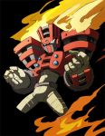 1boy android armor black_background black_eyes fire gloves helmet highres male_focus no_mouth norue6 pose robot rockman rockman_(classic) rockman_11 simple_background solo standing torch torch_man 