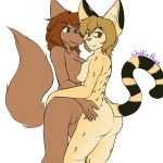  2019 5_fingers absurd_res alpha_channel anthro assassin biped bisexual black_body black_fur black_stripes breast_squish breasts breasts_frottage brown_body brown_fur brown_hair butt canid canine canis chest_tuft countershade_torso countershading digital_media_(artwork) duo embrace eyebrows felid feline female female/female fingers fur hair happy hi_res hug humanoid_hands interspecies long_hair looking_at_viewer male mammal markings maya_turner multicolored_body multicolored_fur nude orange_body orange_fur pose pussy serval side_view signature simple_background smile squish straddling stripes tuft two_tone_body two_tone_fur wolf wolfie-pawz 