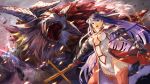  1girl armor blue_eyes center_opening earrings embers fate/grand_order fate_(series) gauntlets gloves glowing groin hair_ribbon jewelry kito_(kito2) long_hair monster navel open_mouth purple_hair red_gloves red_legwear ribbon saint_martha staff tarrasque_(fate) thighhighs 