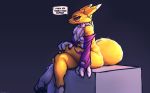  anthro black_sclera blue_eyes breasts crossed_legs dialogue digimon digimon_(species) dipstick_tail featureless_breasts female fluffy fur hand_on_leg hi_res invalid_tag kawfee looking_away mostly_nude multicolored_tail renamon sitting under_boob white_body white_fur yellow_body yellow_fur 
