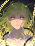  1boy androgynous bangs chain enkidu_(fate/strange_fake) fate/strange_fake fate_(series) green_hair grey_background highres long_hair looking_at_viewer male_focus nyaon_oekaki parted_lips portrait solo yellow_eyes 