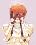  1boy 36996312 armor artist_name blush brown_eyes conrad_(fire_emblem) fire_emblem fire_emblem_echoes:_shadows_of_valentia gloves grey_background open_mouth orange_hair solo sparkle upper_body 