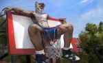  2019 anthro athletic basketball bottomwear chunie clothed clothing cougar detailed_background digital_media_(artwork) felid feline fur hair hi_res looking_at_viewer male mammal navel nipples outside shorts sitting sky smile solo topless 