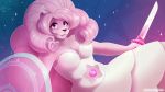  16:9 2019 alternate_species anthro breasts cartoon_network cleavage clothed clothing eipril felid female furrification hair hi_res holding_object holding_sword holding_weapon lion long_hair looking_at_viewer mammal melee_weapon pantherine pink_eyes pink_hair rose_quartz_universe shield smile solo steven_universe sword text url weapon 