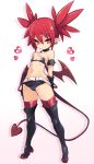  1girl bangs bare_shoulders bat_wings belt black_footwear black_gloves black_shorts boots choker demon_girl demon_tail disgaea earrings etna eyebrows_visible_through_hair flat_chest full_body gloves hair_between_eyes heart highres jewelry karukan_(monjya) micro_shorts navel pointy_ears red_eyes red_hair red_legwear shorts simple_background skull_earrings smile solo standing stomach tail thigh_boots thighhighs twintails white_belt wings 