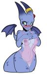  2019 anthro areola blue_body blush breasts clothing digital_media_(artwork) dragon female furkinghell green_eyes hi_res horn membrane_(anatomy) membranous_wings nipples simple_background solo translucent translucent_clothing white_background wings 
