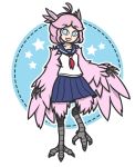  2019 avian breasts clothed clothing digital_media_(artwork) feathers female fully_clothed hair happy harpy humanoid looking_at_viewer meyumi39 not_furry pink_hair pinup portrait pose raised_leg sailor_uniform school_uniform short_hair simple_background small_breasts smile solo solo_focus standing toony uniform 