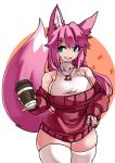  1girl animal_ears autumn_leaves bare_shoulders blue_eyes breasts character_request coffee_cup copyright_request cup curvy disposable_cup dress fox_ears fox_tail grin hand_on_hip highres jewelry leotard leotard_under_clothes long_hair musical_note off-shoulder_sweater off_shoulder pendant pink_hair pink_nails pink_tail pinky_out sideboob smile solo sweater sweater_dress tail thick_thighs thighhighs thighs white_legwear white_leotard zana zettai_ryouiki 