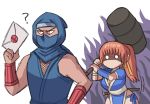  1boy 1girl ? arm_guards ayyk92 brown_hair crossover dead_or_alive hammer high_ponytail kasumi_(doa) letter ninja ninja_gaiden ninja_mask ninjatou nintendo ponytail ryu_hayabusa short_sword super_smash_bros. sword weapon 