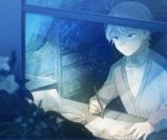  1boy aki_(neyuki41028) aldnoah.zero blue_eyes child night short_hair silver_hair sitting slaine_troyard window writing younger 