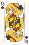  1girl akita_neru blonde_hair card club_(shape) commentary crown eyebrows_visible_through_hair facial_tattoo half-closed_eyes highres holding_stick looking_at_viewer playing_card popsicle_stick queen_of_clubs reflection smile smith_hioka solo symmetry tattoo upper_body vocaloid white_background 
