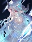  1girl black_background blue_hair draph dress elbow_gloves gloves granblue_fantasy hat horns izmir long_hair mole mole_under_mouth pointy_ears red_eyes soriya white_gloves 