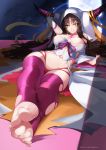  1girl absurdres arm_behind_head artist_name babydoll bangs bare_shoulders black_hair breasts cleavage dated detached_sleeves einess eyebrows_visible_through_hair facial_mark fate/grand_order fate_(series) feet forehead_mark foreshortening full_moon highres horn_ornament horns large_breasts long_hair looking_at_viewer lying moon navel on_back panties parted_bangs parted_lips purple_legwear purple_ribbon red_panties ribbon sesshouin_kiara smile solo thighhighs toeless_legwear toes torn_clothes torn_legwear underwear very_long_hair white_sleeves wide_sleeves yellow_eyes 