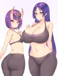  2girls ass bangs bare_shoulders black_legwear breasts closed_mouth collarbone cowboy_shot fate/grand_order fate_(series) finger_to_mouth from_behind hair_ornament hand_up heavy_breathing horn huge_breasts kuavera looking_at_viewer minamoto_no_raikou_(fate/grand_order) multiple_girls navel pantyhose pantylines parted_bangs purple_eyes shuten_douji_(fate/grand_order) simple_background small_breasts smile sports_bra standing thick_eyebrows thick_thighs thighs white_background 