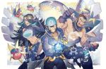  1girl 2boys anchor aogiri_(pokemon) bandana bare_shoulders beard black_hair blue_hair bubble carvanha facial_hair gem gloves goggles goggles_on_head grin hip_vent holding holding_poke_ball izumi_(pokemon) jewelry kusuribe kyogre long_hair looking_at_viewer multicolored_hair multiple_boys muscle navel necklace partly_fingerless_gloves poke_ball pokemon pokemon_(creature) pokemon_(game) pokemon_oras sharpedo shoulder_cutout smile streaked_hair team_aqua uniform ushio_(pokemon) very_long_hair 