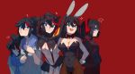  ... 1girl ? animal_ears arms_around_neck bare_shoulders black_gloves black_hair blue_eyes bow breasts bunny_ears bunnysuit closed_mouth covered_navel cuffs fang gloves hand_on_hip hands_in_pockets headphones heart highres hirundo_rustica holding holding_weapon hood hoodie kill_la_kill matoi_ryuuko medium_hair multicolored multicolored_hair navel ponytail red_background red_bow red_gloves red_hair school_uniform senketsu simple_background smile sparkle speech_bubble stamp sunglasses sweat teeth tongue upper_teeth weapon 