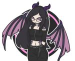  2019 black_hair breasts clothed clothing digital_media_(artwork) dragon eyewear female fully_clothed glasses hair hands_behind_back happy horn humanoid invalid_tag looking_at_viewer membrane_(anatomy) membranous_wings meyumi39 monster_girl_(genre) not_furry pinup pose purple_hair reptile scales scalie simple_background smile solo toony wings 