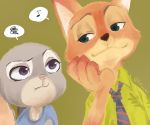  ambiguous_gender anthro black_nose canid canine cheek_tuft clothing disney duo ears_down face_tuft fox fur green_background green_eyes grey_body grey_fur inner_ear_fluff judy_hopps km02 lagomorph leporid looking_at_another mammal necktie nick_wilde orange_body orange_fur pink_nose pivoted_ears purple_eyes rabbit red_fox shirt simple_background topwear tuft zootopia 