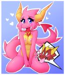  &lt;3 activision anthro anthrofied blue_background blue_eyes blush breast_squish breasts digital_media_(artwork) dragon ember_(spyro) female flame_(spyro) hi_res inget jewelry necklace nipples nude pink_body red_body scalie simple_background smile solo_focus spyro_the_dragon squish tongue tongue_out video_games 