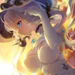  1girl azur_lane blue_eyes breasts cleavage cloud commentary_request dress dutch_angle elbow_gloves gloves hat illustrious_(azur_lane) lace-trimmed_headwear lace_trim large_breasts parted_lips profile strapless strapless_dress sun_hat sunset tri_tails white_dress white_gloves white_headwear youqiniang 