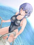  1girl bad_feet black_swimsuit blue_eyes blue_hair breasts commentary_request competition_swimsuit dutch_angle gotland_(kancolle) highleg highleg_swimsuit highres kantai_collection large_breasts long_hair mole mole_under_eye one-piece_swimsuit pachio pool_ladder solo swimsuit water 