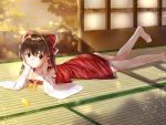  1girl ascot bare_legs barefoot bow brown_eyes brown_hair commentary_request day detached_sleeves dress eyebrows_visible_through_hair feet foot_out_of_frame hair_bow hair_tubes hakurei_reimu hands_on_own_face indoors leg_up legs looking_to_the_side lying on_stomach red_dress short_hair solo tatami toenail_polish toenails toes touhou yellow_neckwear yurara_(aroma42enola) 