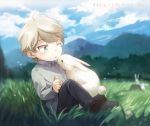  1boy aki_(neyuki41028) aldnoah.zero blue_eyes blue_sky bunny forest nature one_eye_closed short_hair silver_hair sitting sky slaine_troyard toddler translated younger 